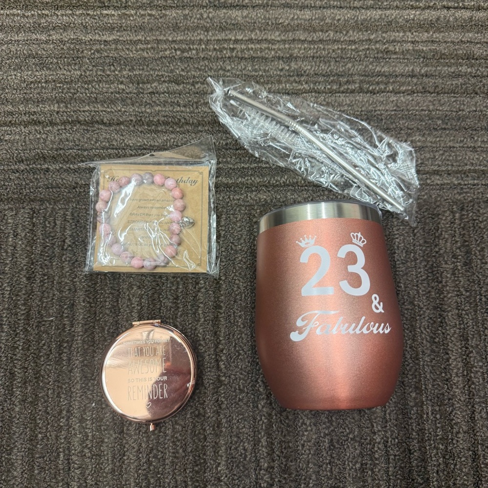 Rose Gold 23rd Birthday Gift Set Tumbler, Pocket Mirror, and Beaded Bracelet